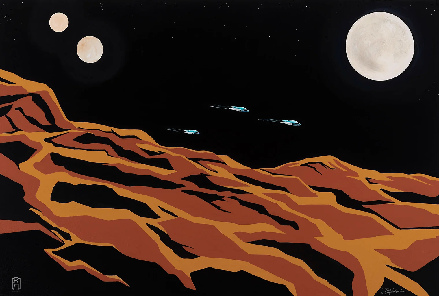 Three Moons Over Red Planet | Acrylic Sci-Fi painting of three spaceships flying over a barren planet by Denise Marta-Burch 