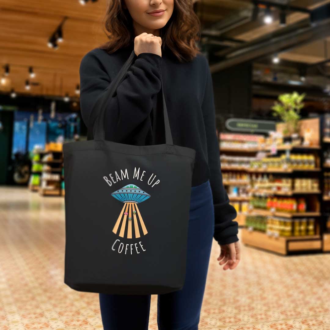 "Beam Me Up Coffee" tote by Ridgeline Arts helps make market day fun.