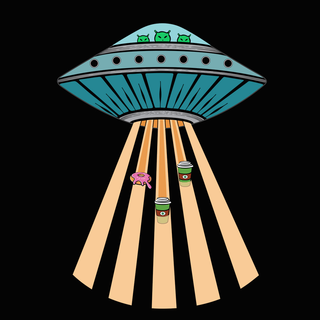 Close up of flying saucer with aliens beaming up coffee and donuts by Denise Marta-Burch and Ridgeline Arts.