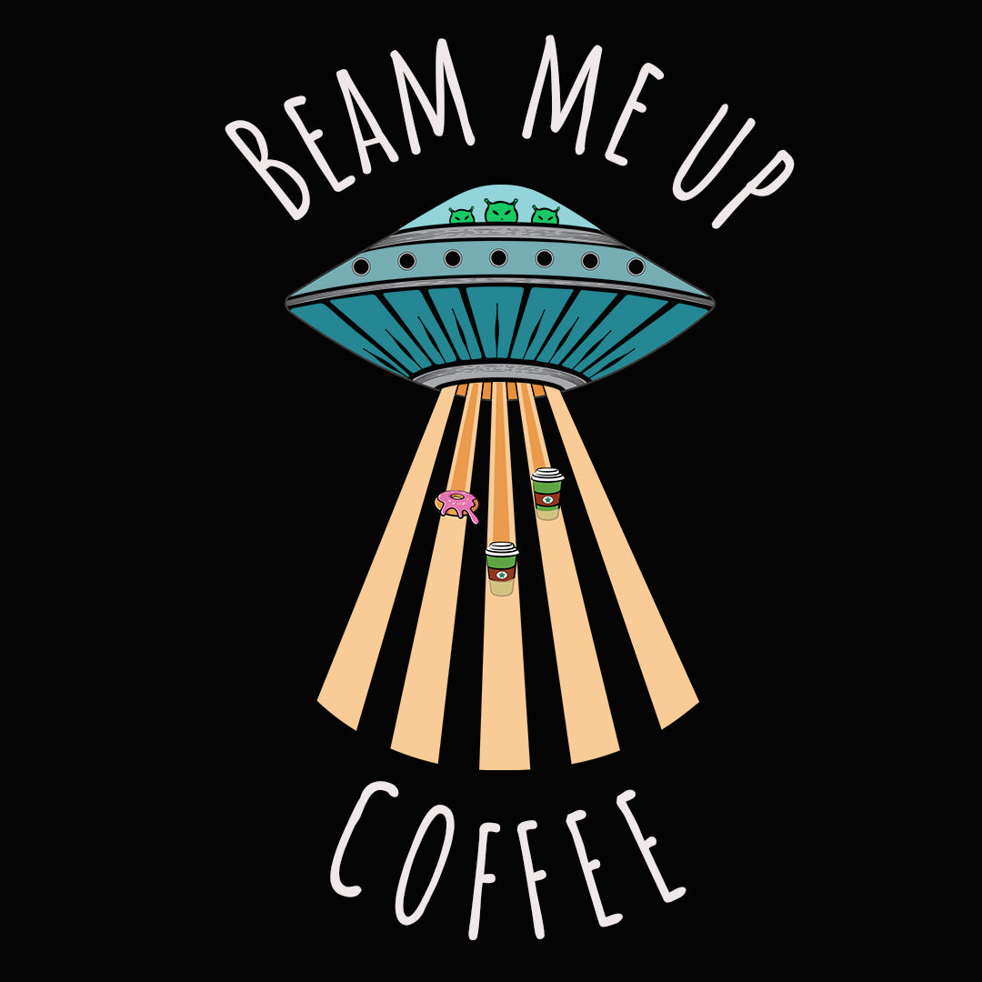 Close up of flying saucer with aliens beaming up coffee and donuts by Denise Marta-Burch and Ridgeline Arts.