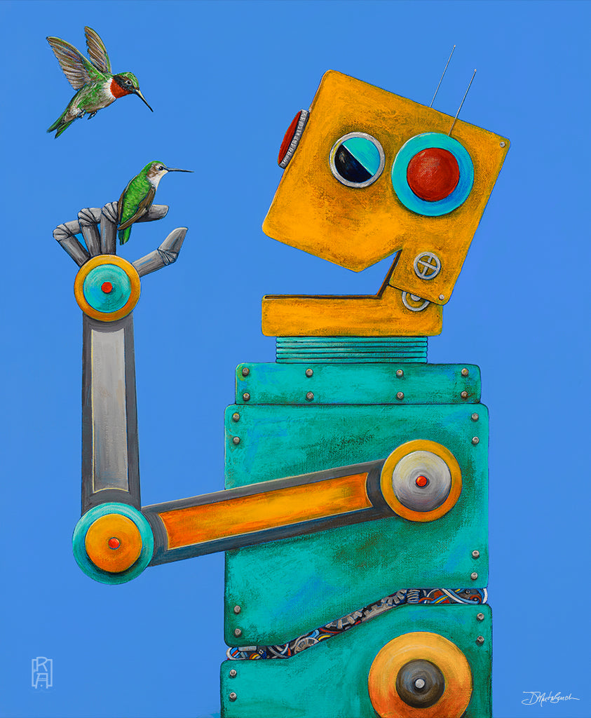 The Bird Whisperer Joybot | Whimsical Acrylic & Ink Painting of a happy robot and his hummingbird friends by Denise Marta-Burch