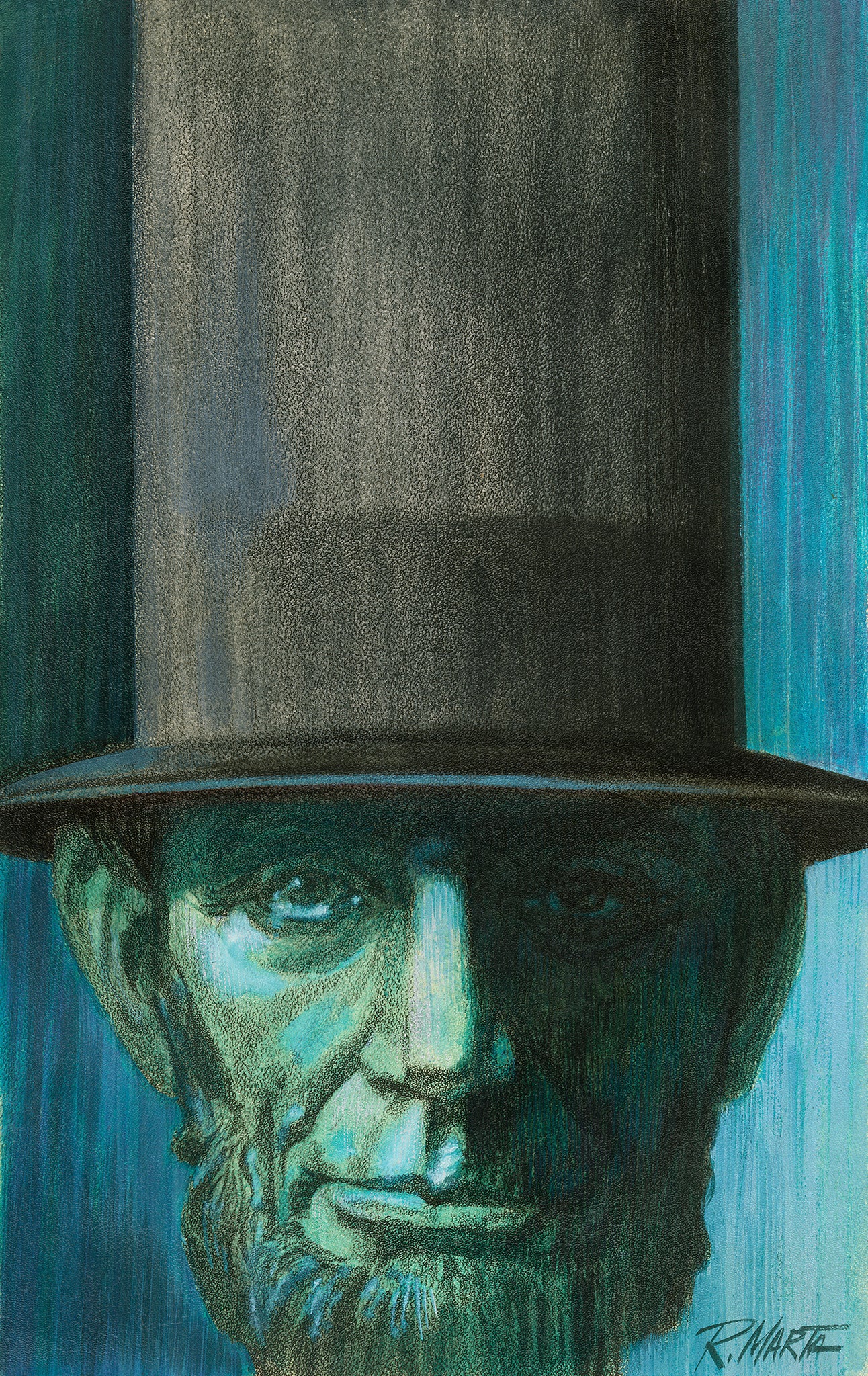 Mid-century illustration of Abe Lincoln in his stovepipe hat rendered in conte crayon and pastel by Ray Marta