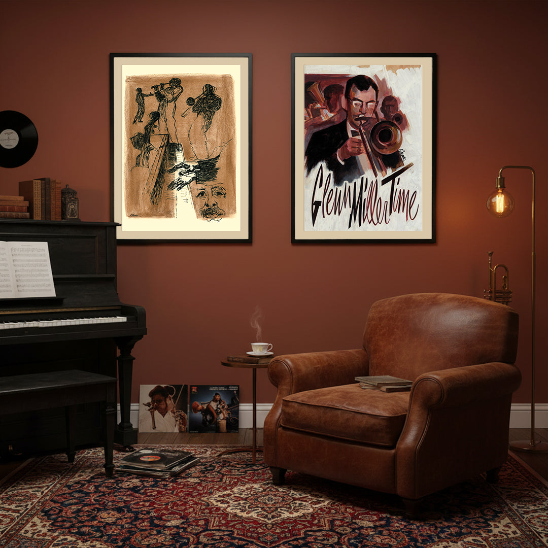 "Glenn Miller Time" and "Jazz Study #5" limited edition prints of illustrations by Ray Marta hang together in a cozy music room.