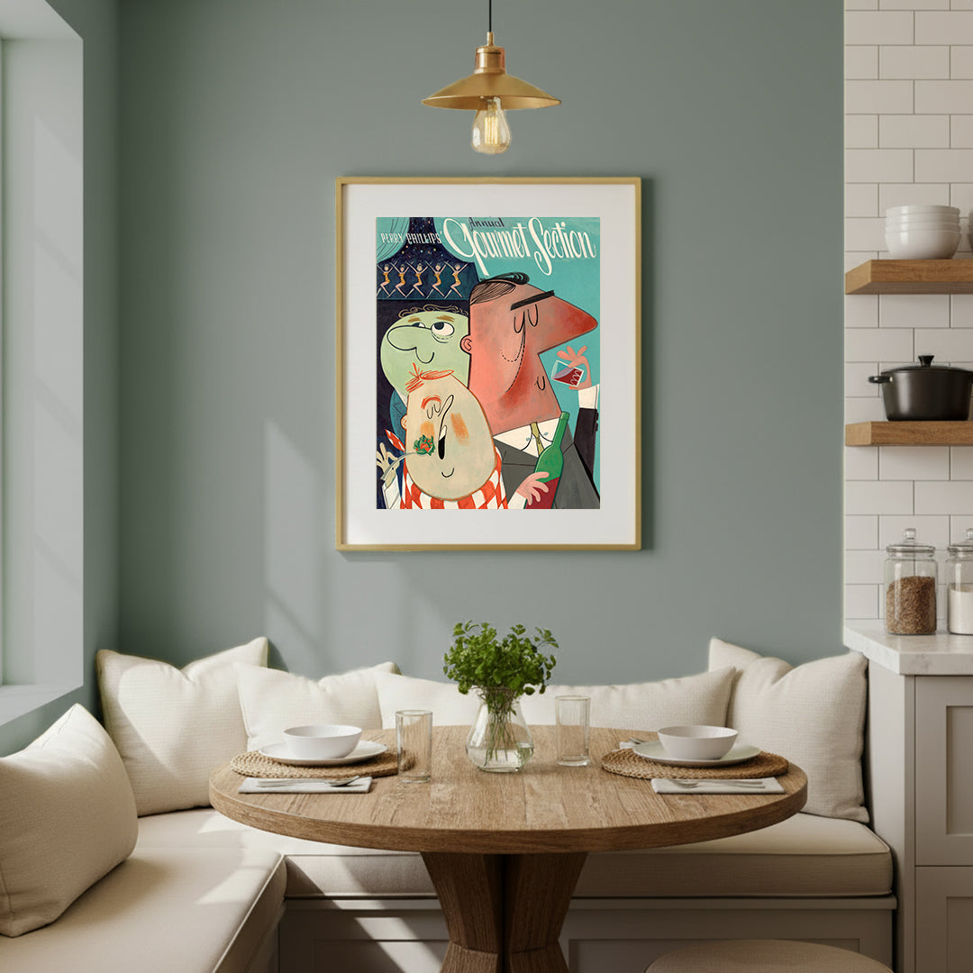 "Gourmet Guys", limited edition print of an illustration by Ray Marta adds character to a kitchen dining nook.