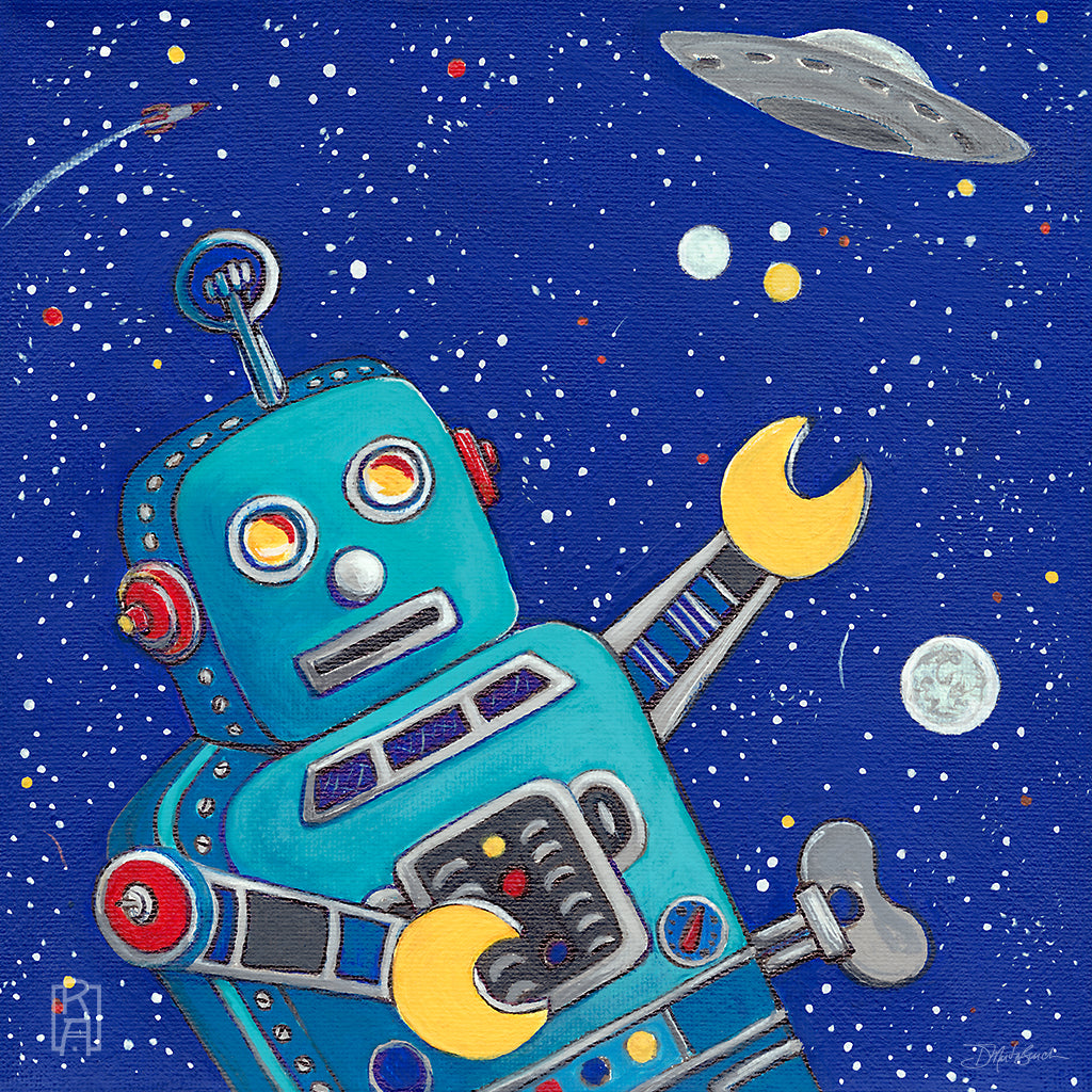 Greetings | whimsical acrylic robot painting by Denise Marta-Burch