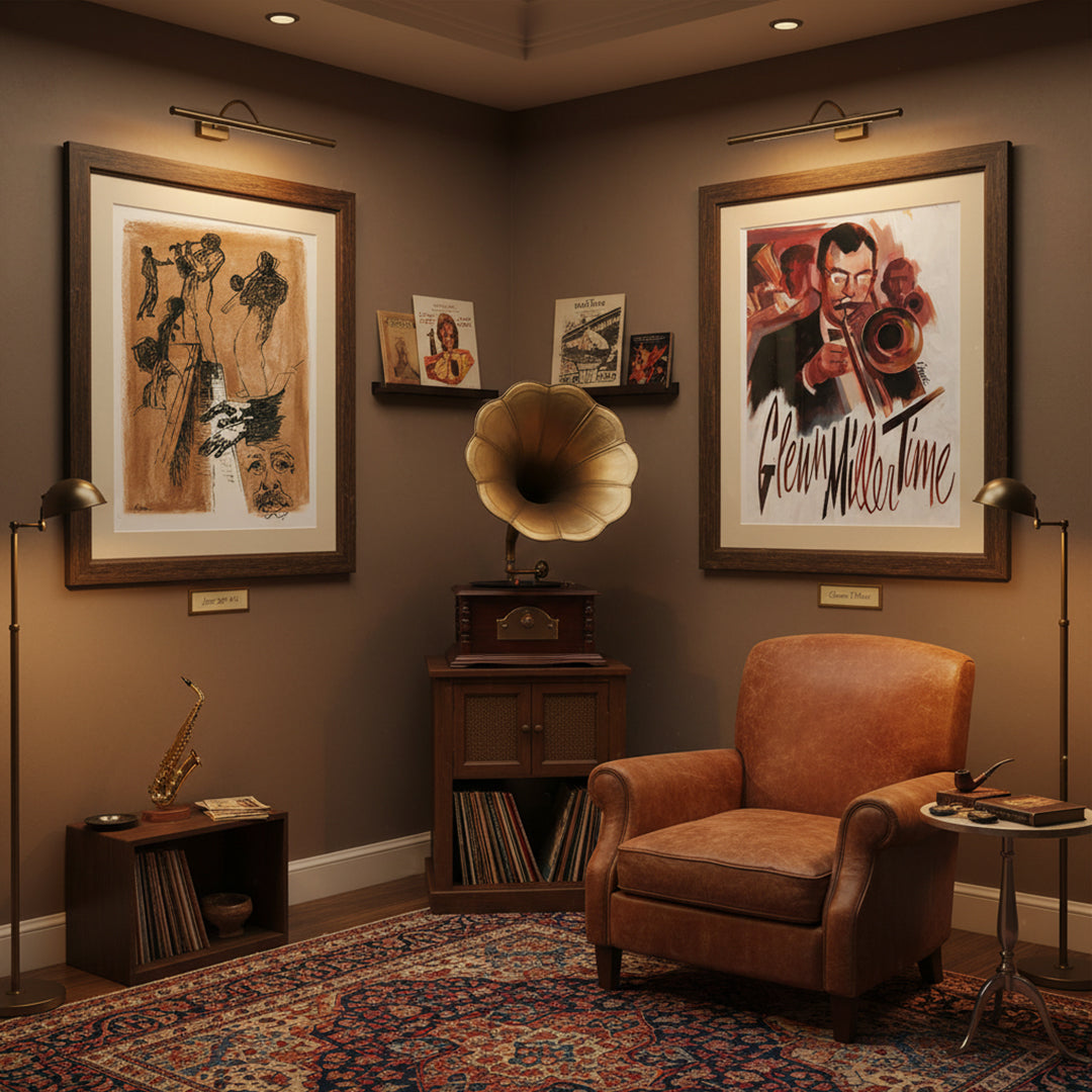 "Jazz Study #5" and "Glenn Miller Time" limited edition prints of illustrations by Ray Marta hang in a cozy music listening room.