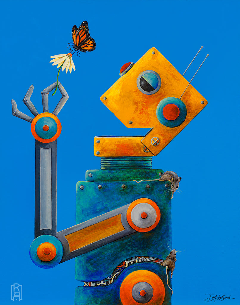 Joybot With Friends | humorous acrylic painting of a happy robot with mice and a butterfly by Denise Marta-Burch