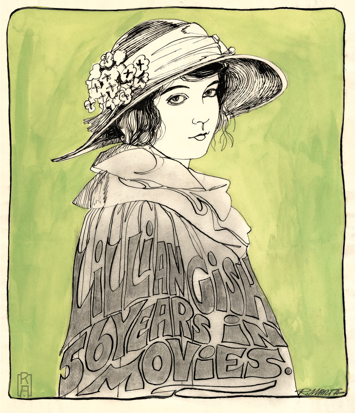 "Lillian Gish", elegant vintage mid-century watercolor, ink, and graphite illustration  of the film star by Ray Marta