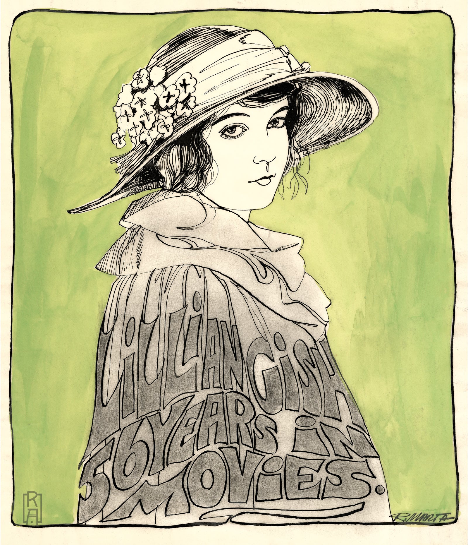 "Lillian Gish", elegant vintage mid-century watercolor, ink, and graphite illustration  of the film star by Ray Marta