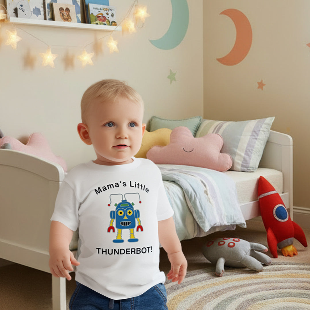 Mama's Little Thunderbot is ready to play in his comfy cotton tee by Ridgeline Arts