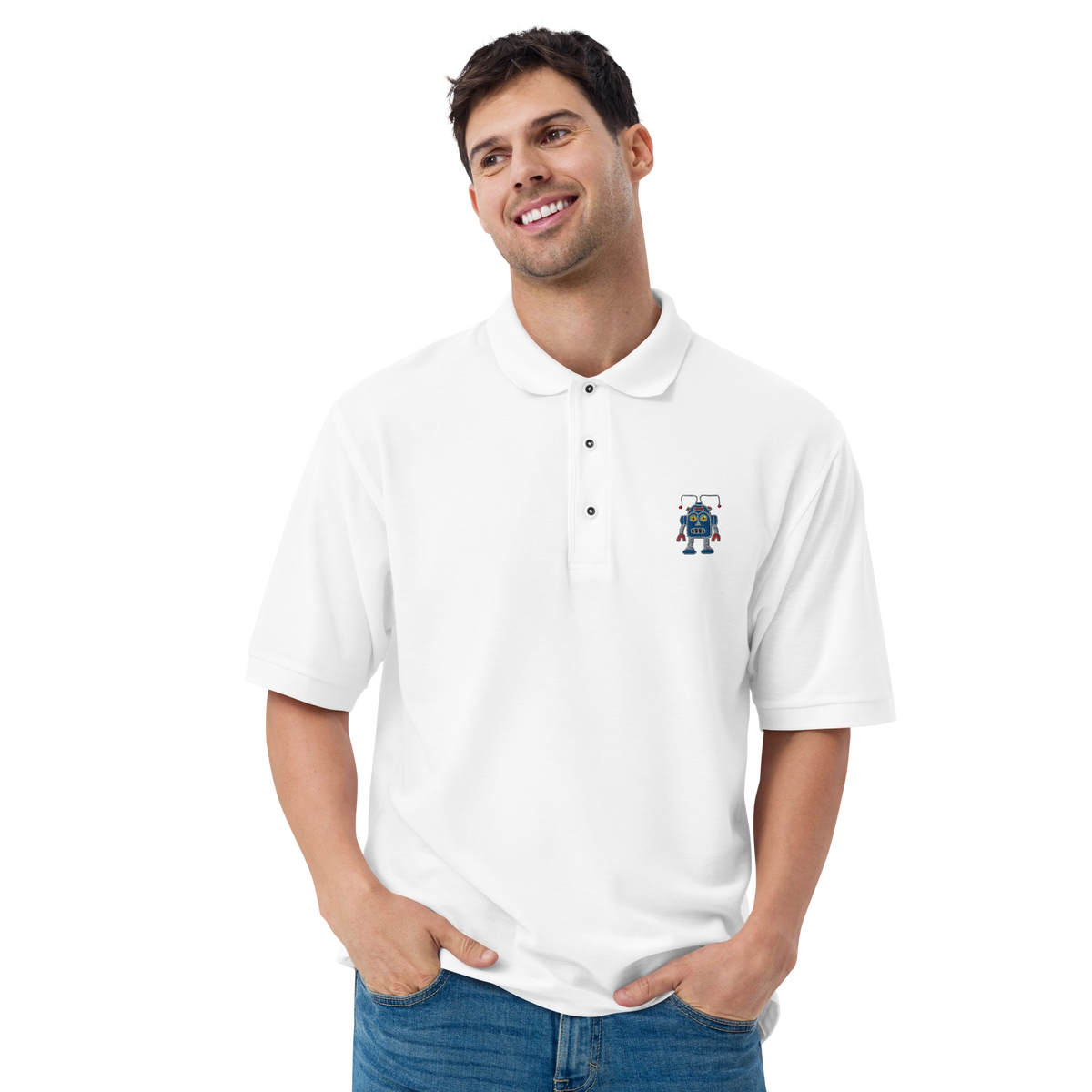 Men&#39;s White Thunderbot Polo by Ridgeline Arts
