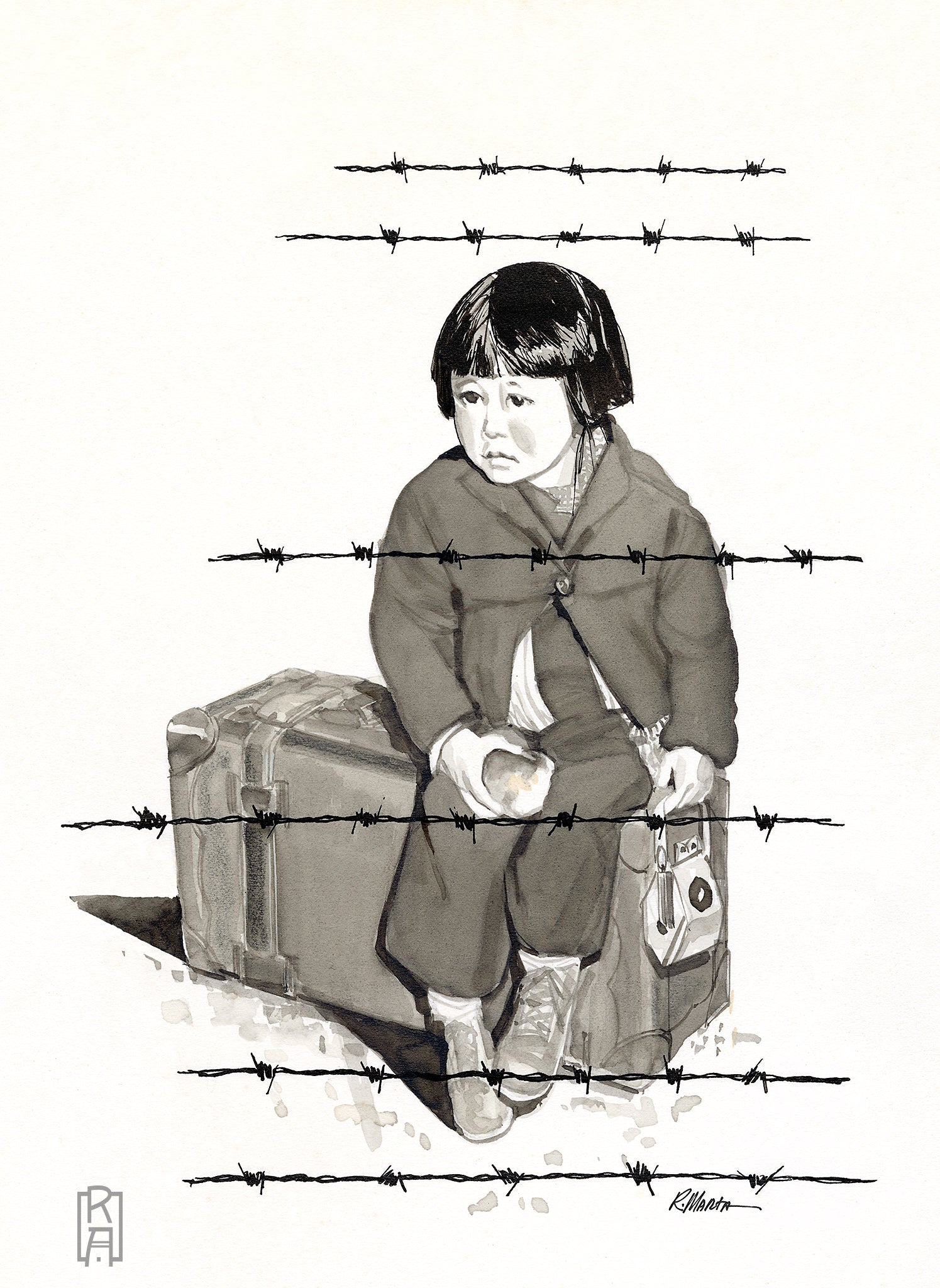"Move to Manzanar", a somber mid-century illustration of a child trapped in a detention center by Ray Marta