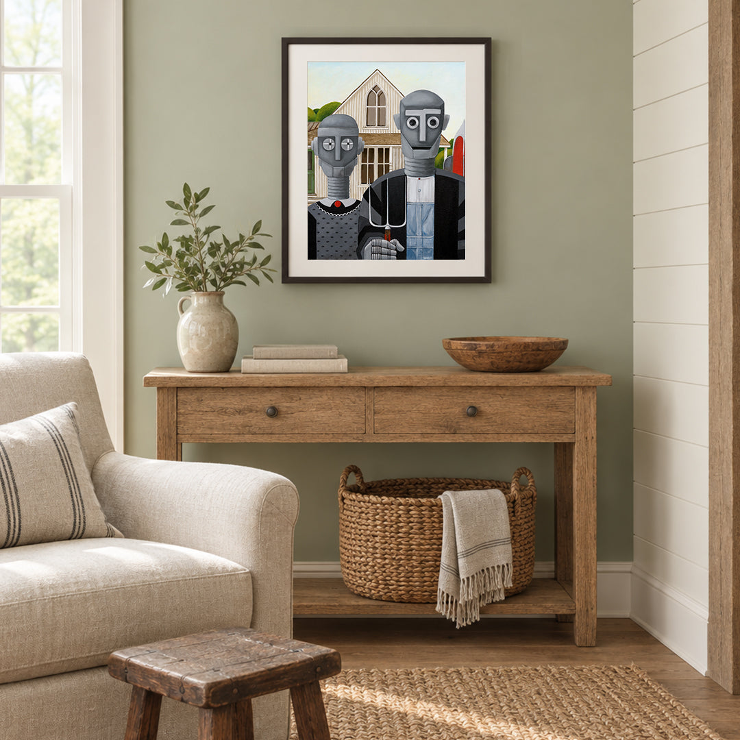 A limited edition print of 'New Neighbors', Denise Marta-Burch's robot reimagining of 'American Gothic' hangs on the wall of a farmhouse style home.