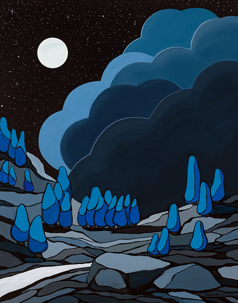 Under a full moon, clouds rise on the horizon above a cedar strewn rocky landscape.