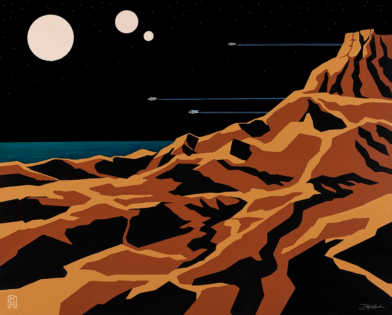Red Planet #3 | Acrylic Sci-Fi painting of spaceships rocketing past the surface of a distant planet by Denise Marta-Burch