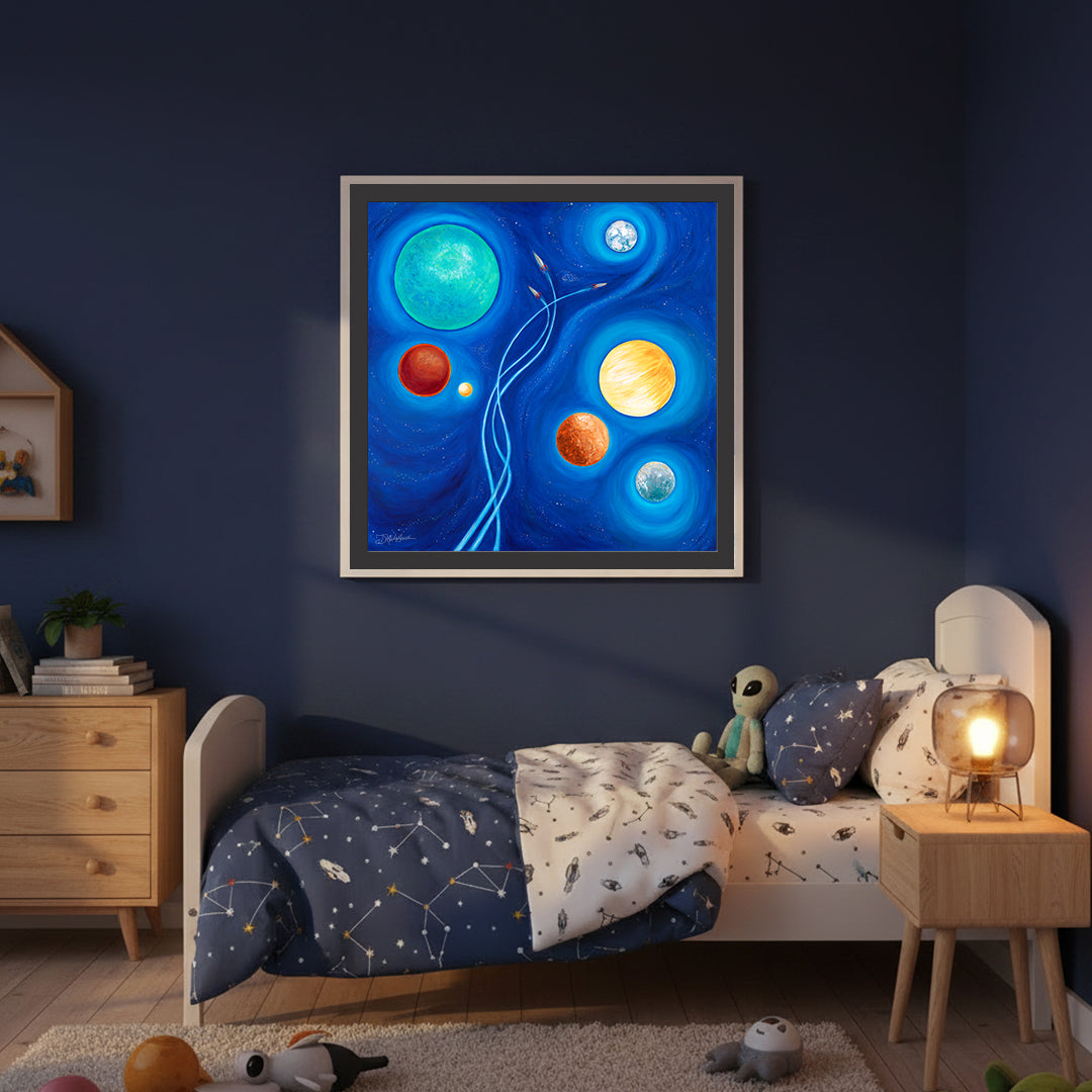 "Riding the Waves" limited edition retro space art print by Denise Marta-Burch hangs on a child's bedroom wall.