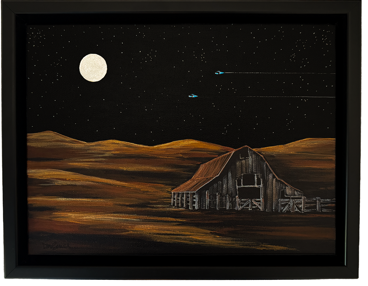 Original acrylic painting by Denise Marta-Burch of a nighttime scene of a lone barn in an autumn landscape with alien ships flying overhead with a full moon.