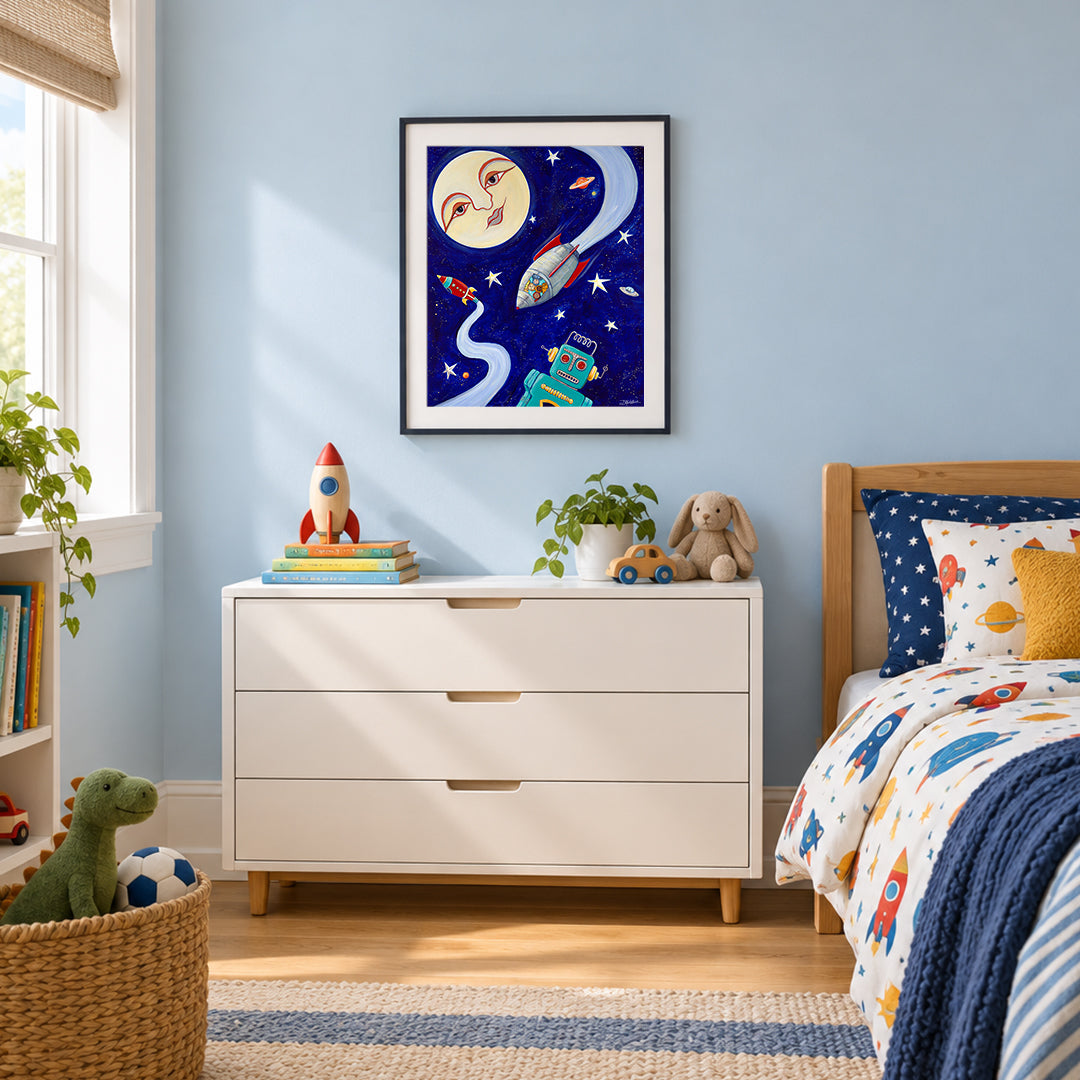 A limited edition print of 'Rush Hour', a colorful sci-fi painting of robots and rockets by Denise Marta-Burch  hangs on the wall of a cheerful child's bedroom.