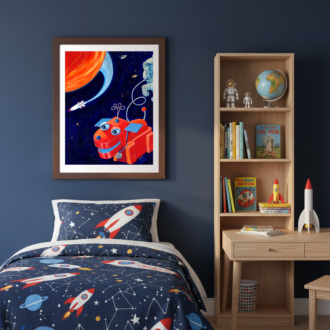 "Space Walk" art print of an acrylic painting by Denise Marta-Burch hangs in a child's room.