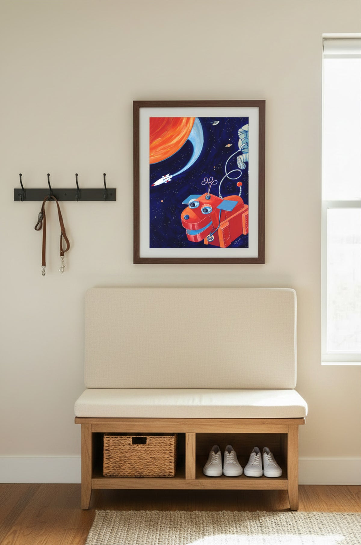 Space Walk acrylic painting by Denise Marta-Burch hangs in an entryway, ready to take the dog for a walk.
