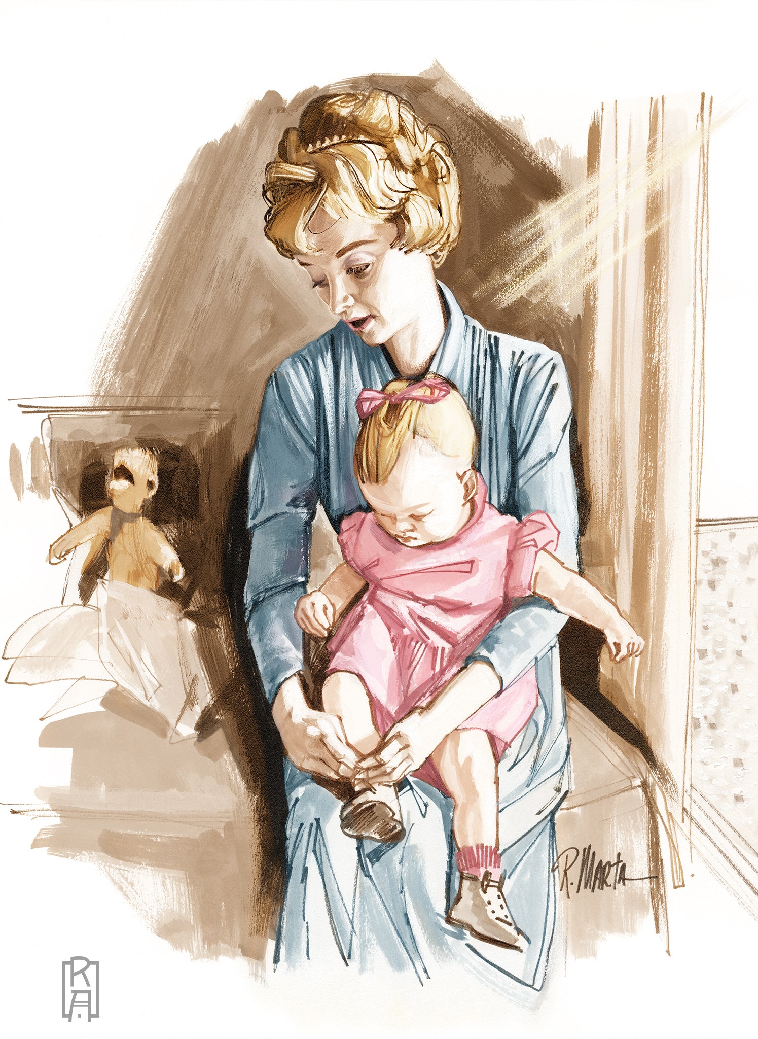 A vintage-style illustration showing a woman in a blue dress holding a baby in a pink dress while tying the baby's shoe, with a teddy bear and curtains in the background.