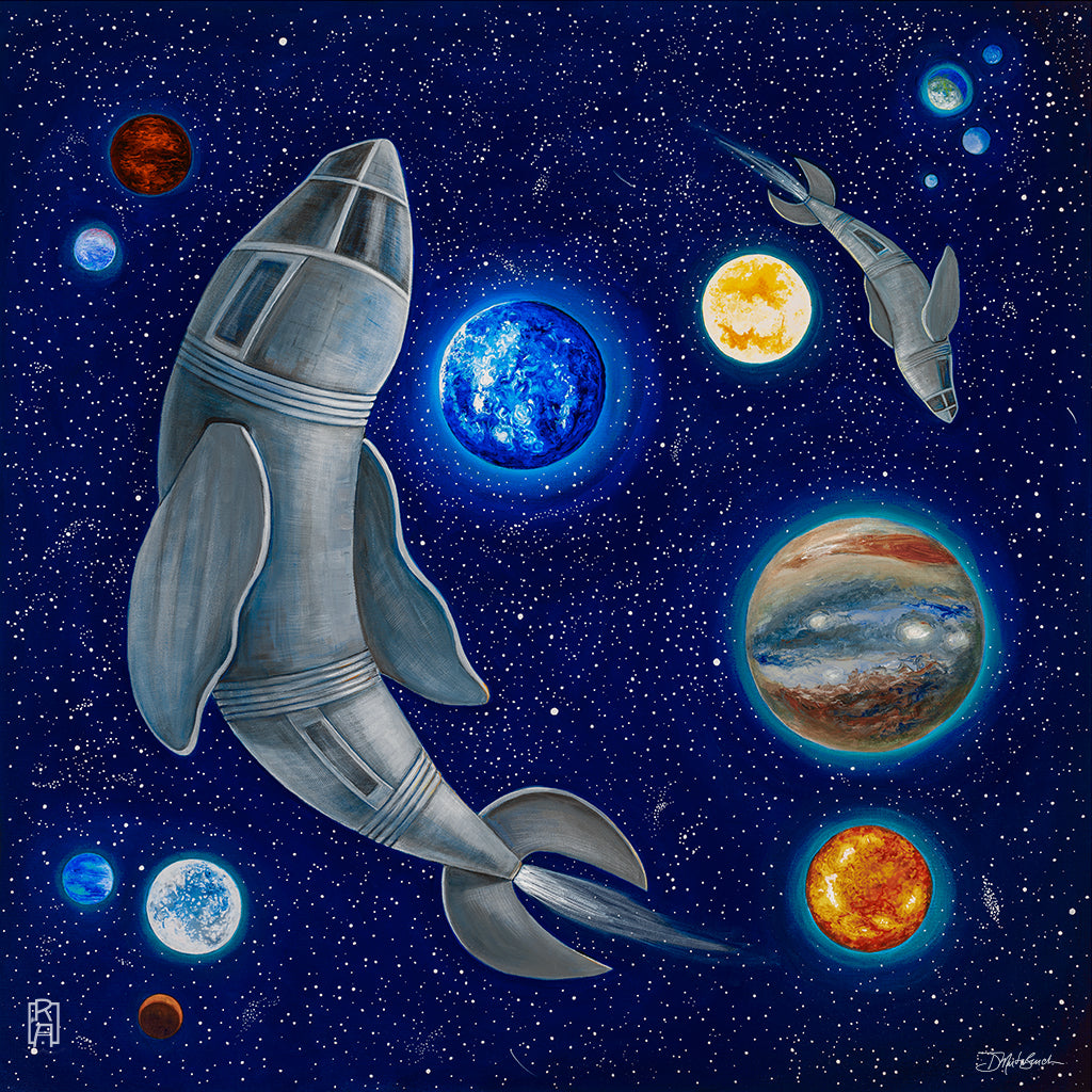 The Cetoceans | Acrylic & Ink sci-fi Painting of space whales, colorful planets and stars by Denise Marta-Burch