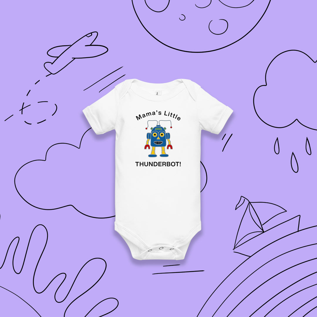 Mama's Little Thunderbot comfy cotton onesie by Ridgeline Arts