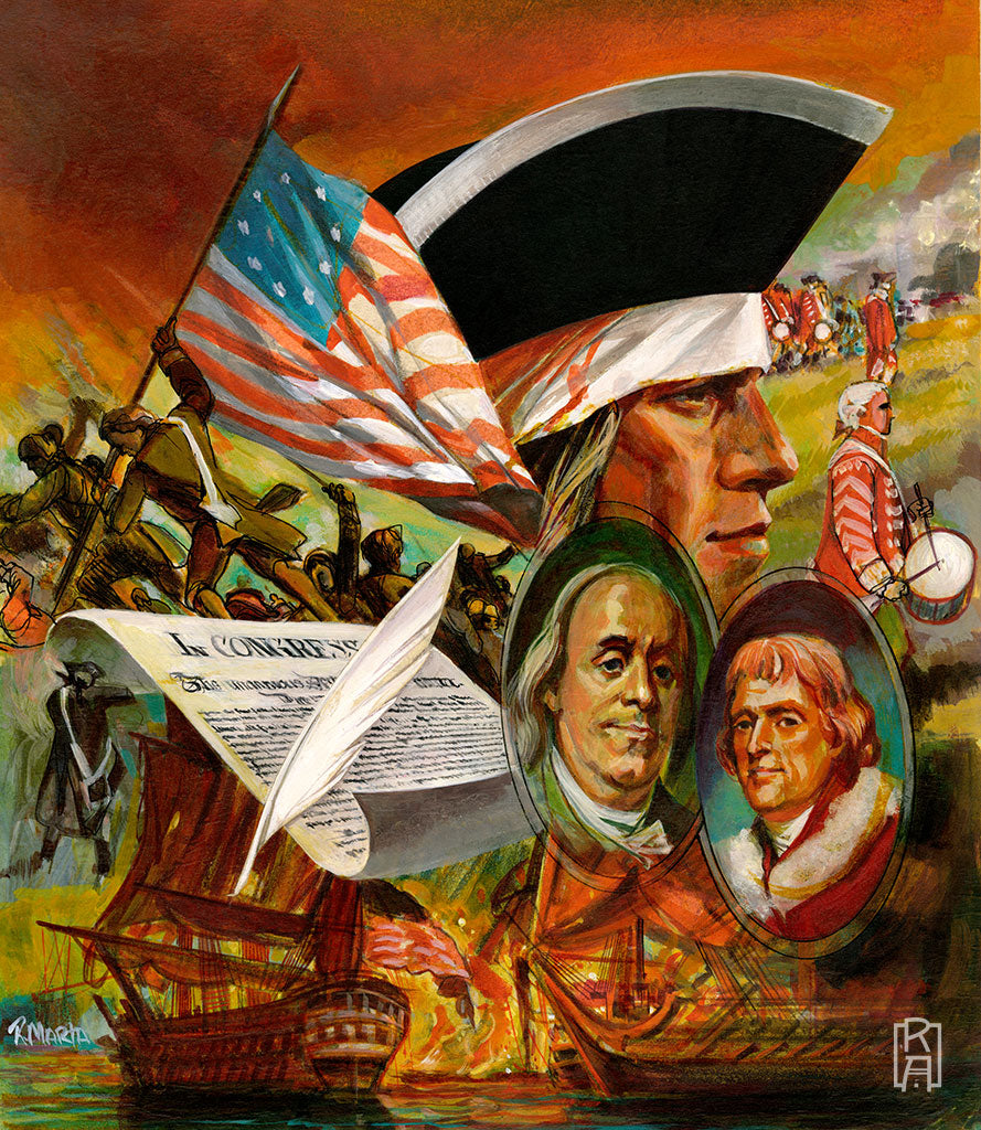 "Revolutionary Spirit" colorful vintage illustration for the US bicentennial featuring a collage of scenes from the American Revolution by Ray Marta