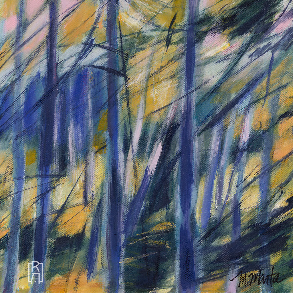 "Blue Woods", abstract painting of thin trees by Michelle Marta-Drake