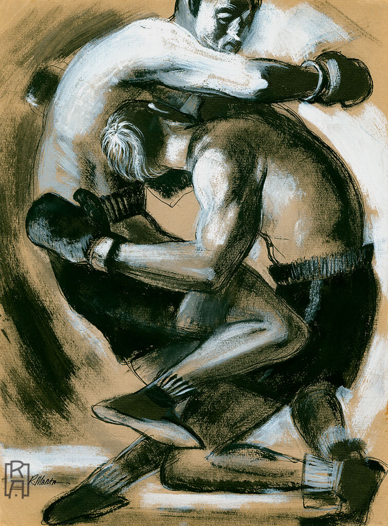 "The Boxers" vintage mid-century charcoal and gouache  illustration of two boxers grappling by Ray Marta