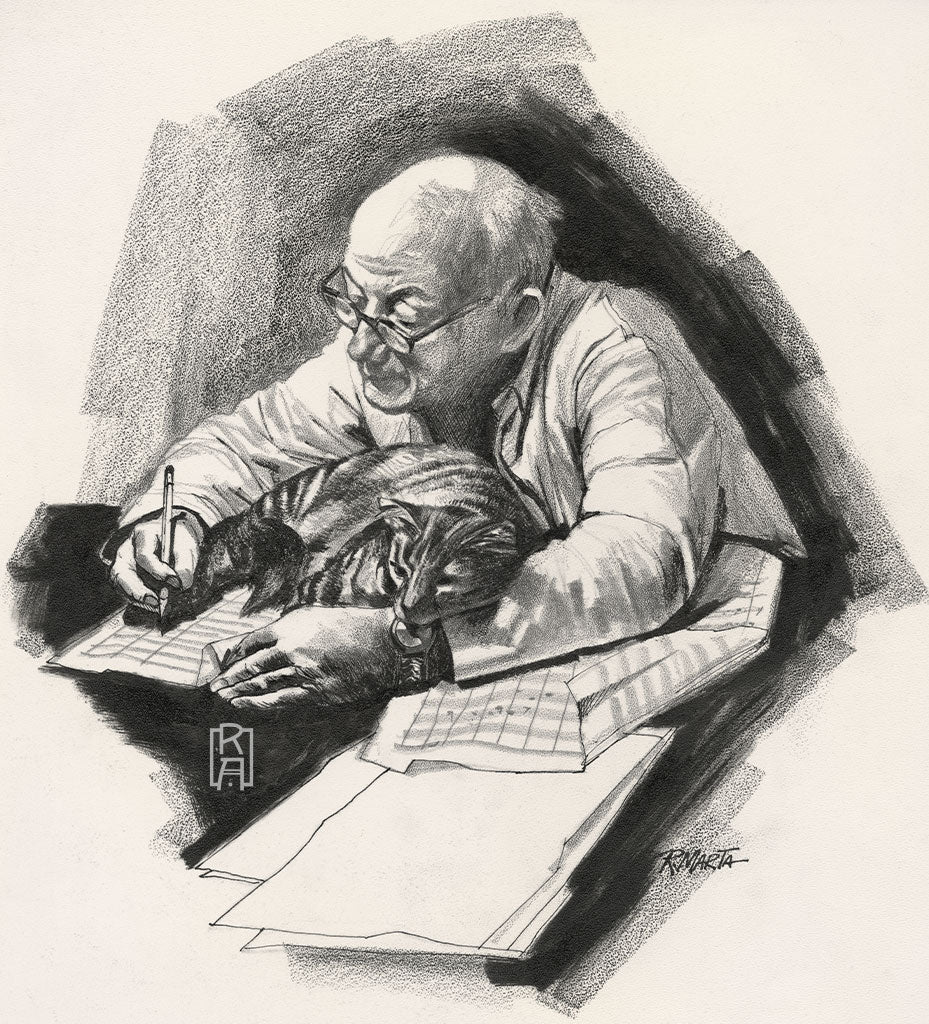 "Cat Composer" vintage mid-century graphite  illustration of a composer working on a score with a cat in the way by Ray Marta