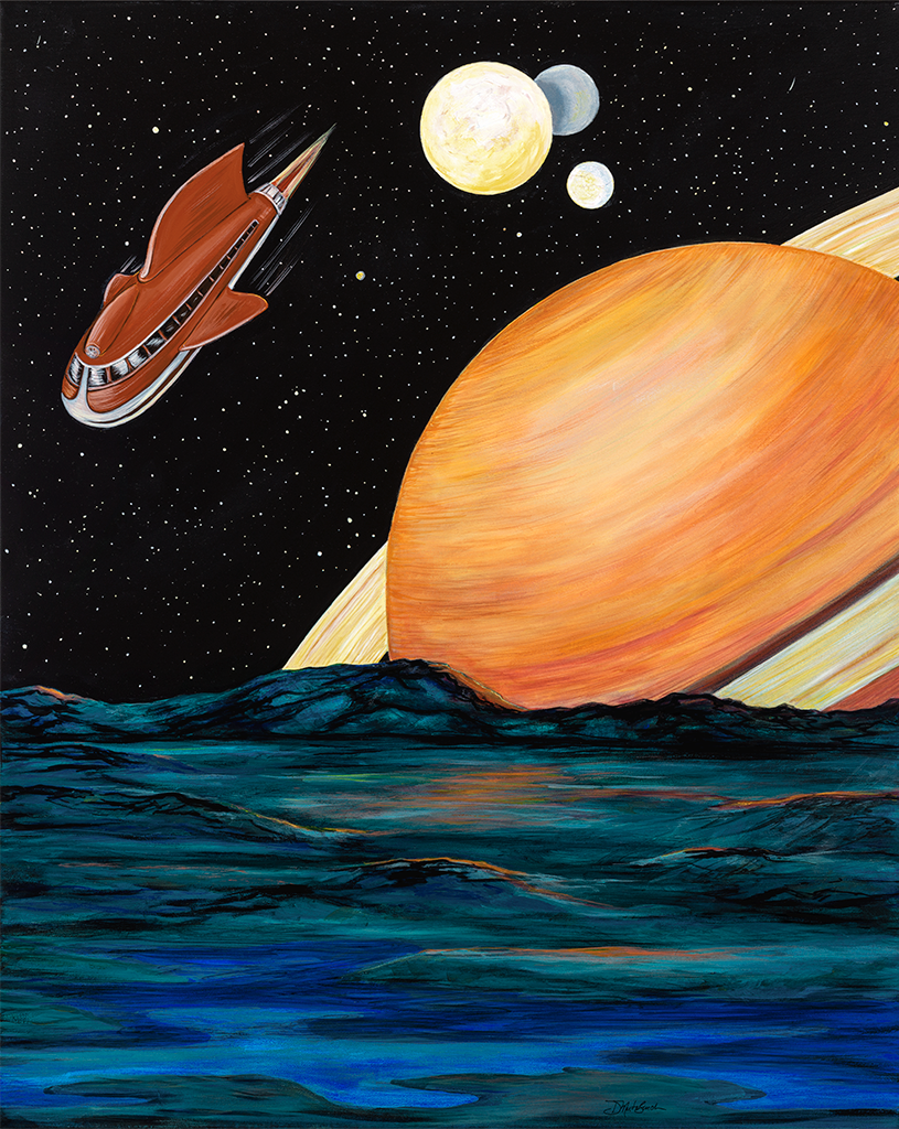 Descent to Demos | mixed media retro sci-fi painting by Denise Marta-Burch