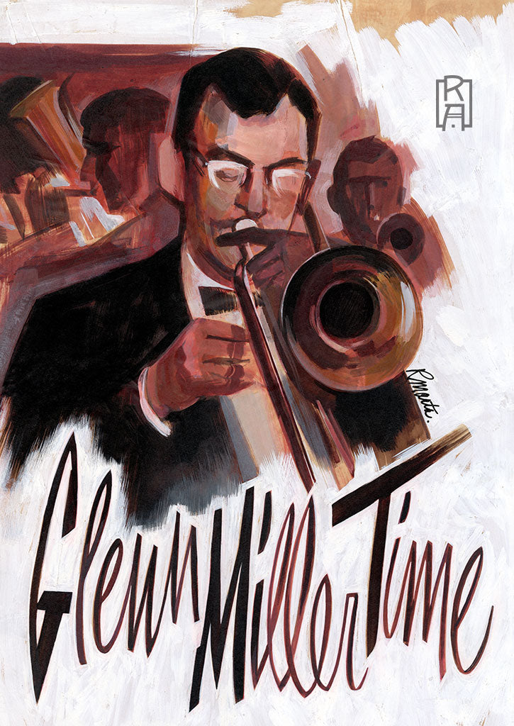 "Glenn Miller Time" vintage mid-century sepia tone illustration of Glenn Miller playing his trombone  by Ray Marta