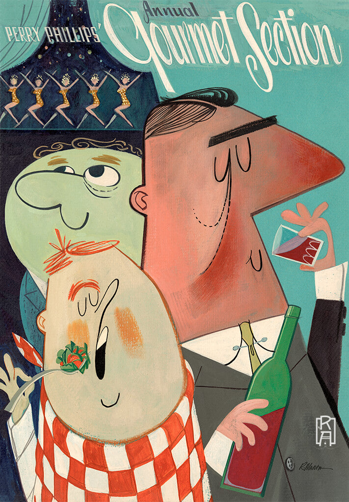 "Gourmet Guys" colorful and humorous vintage mid-century illustration for an article about gourmets by Ray Marta