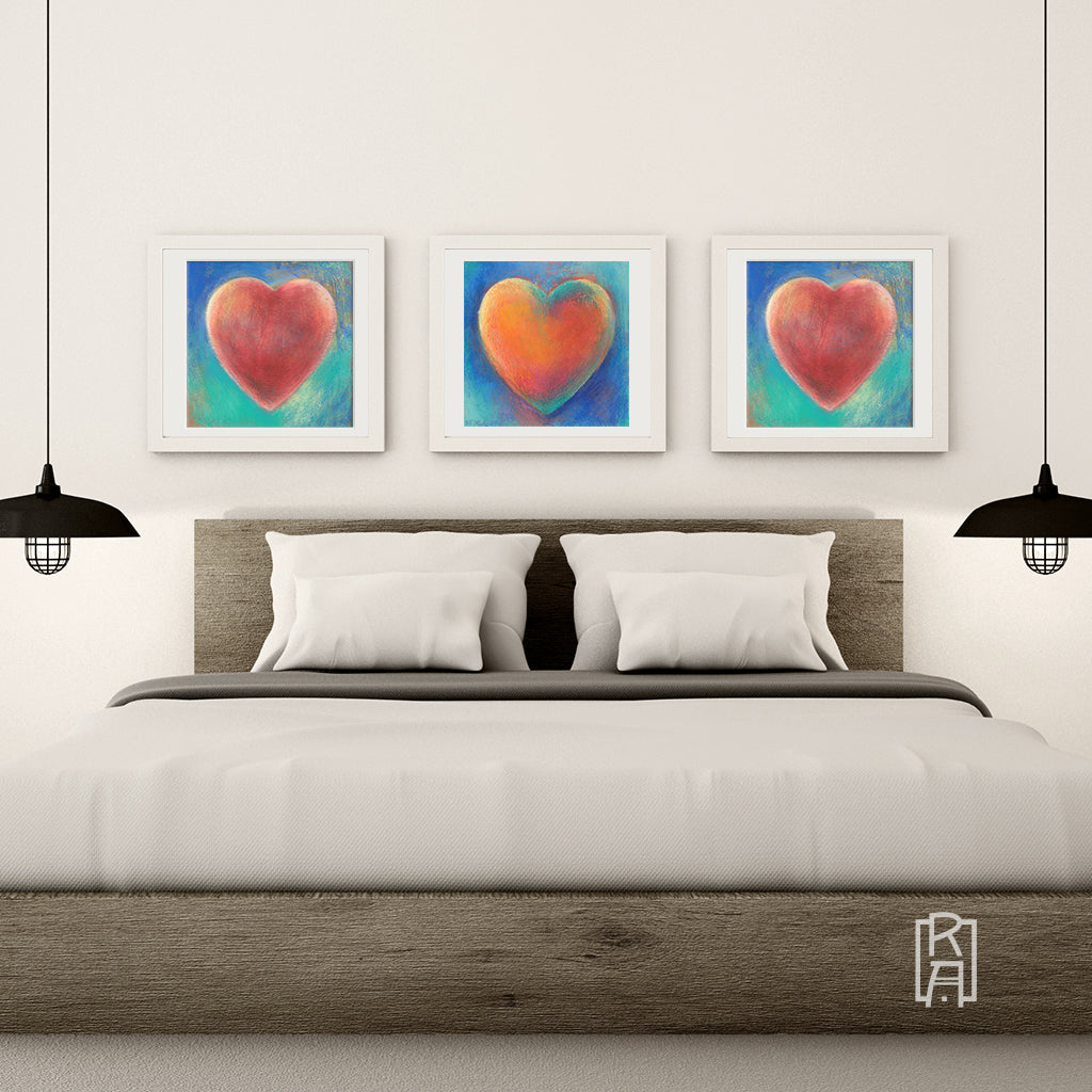 Heartworks by Michelle Marta-Drake hanging in a contemporary bedroom.
