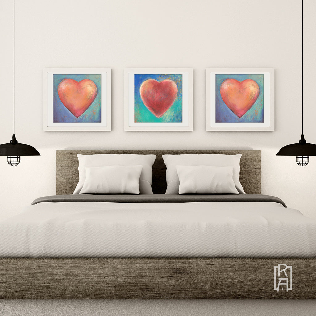 Heartworks by Michelle Marta-Drake hanging in a contemporary bedroom.