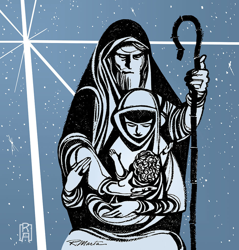 "Holy Family" vintage mid-century graphic illustration of Joseph, Mary and the baby Jesus by Ray Marta