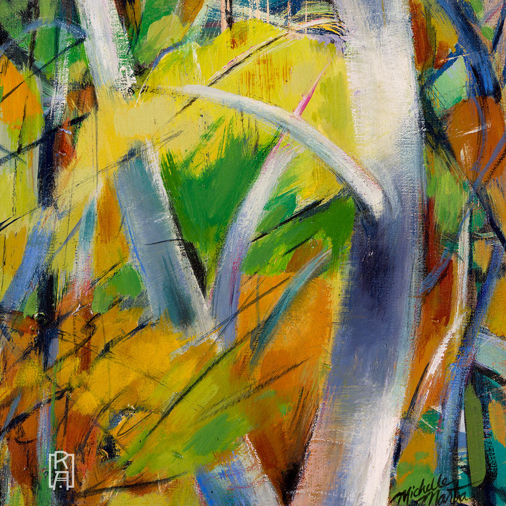 "In The Thicket", colorful abstract painting of trees by Michelle Marta-Drake