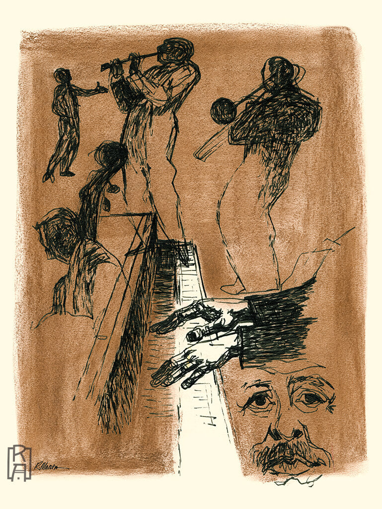 Jazz Study #5 | vintage black and brown mid-century illustration of  a jazz group by Ray Marta