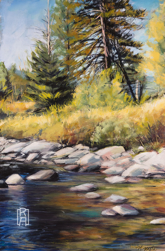 Reincarnation Along The Carson River  - Landscape painting of a Sierra river, rocks and trees by Michelle Marta-Drake
