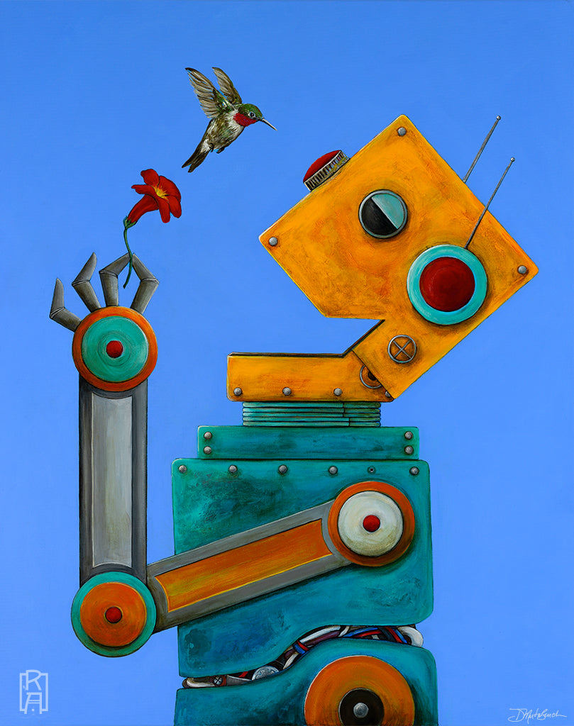 Screw Loose Joybot | Acrylic & Ink Painting of a Joyful Robot and Hummingbird by Desnise Marta-Burch