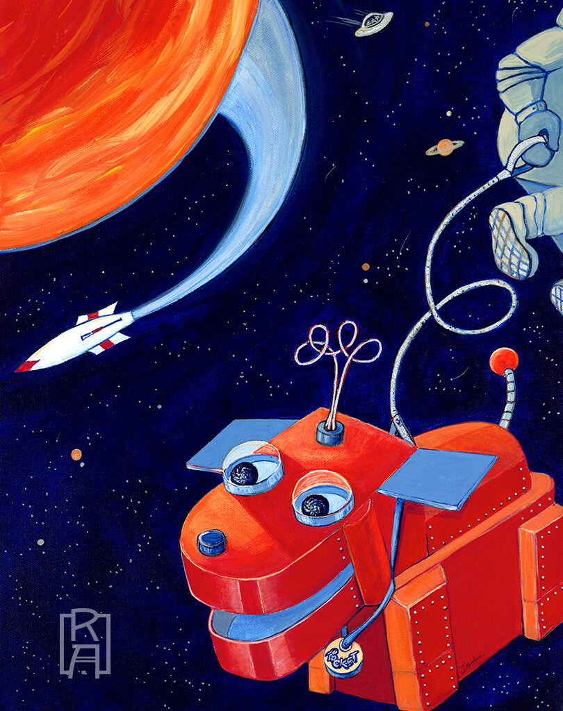 Space Walk | whimsical mixed media painting by Denise Marta-Burch