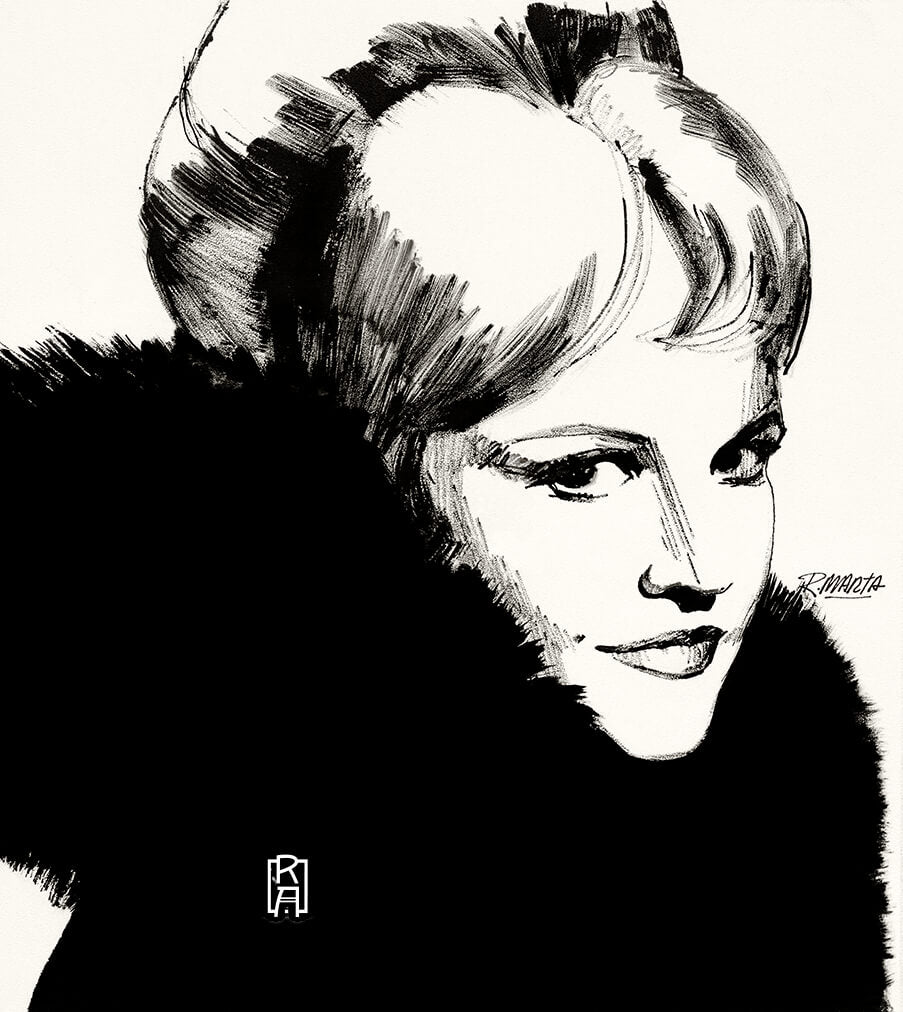 "The Chanteuse" vintage black & white mid-century illustration of a celebrated vocalist by Ray Marta