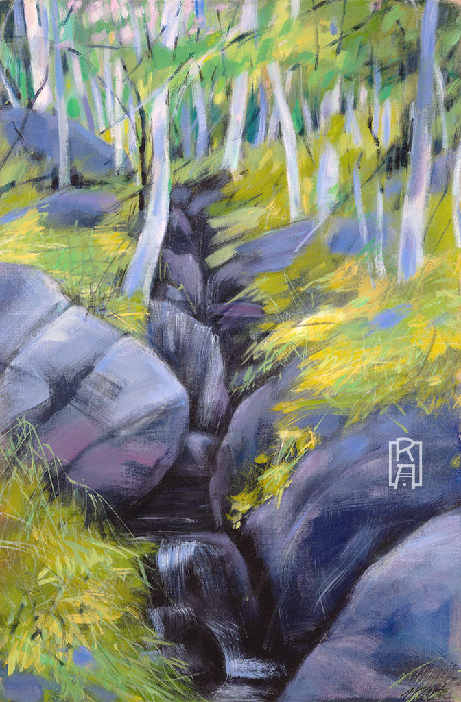 The Path To Peace, landscape painting of trees and rocks painting by Michelle Marta-Drake