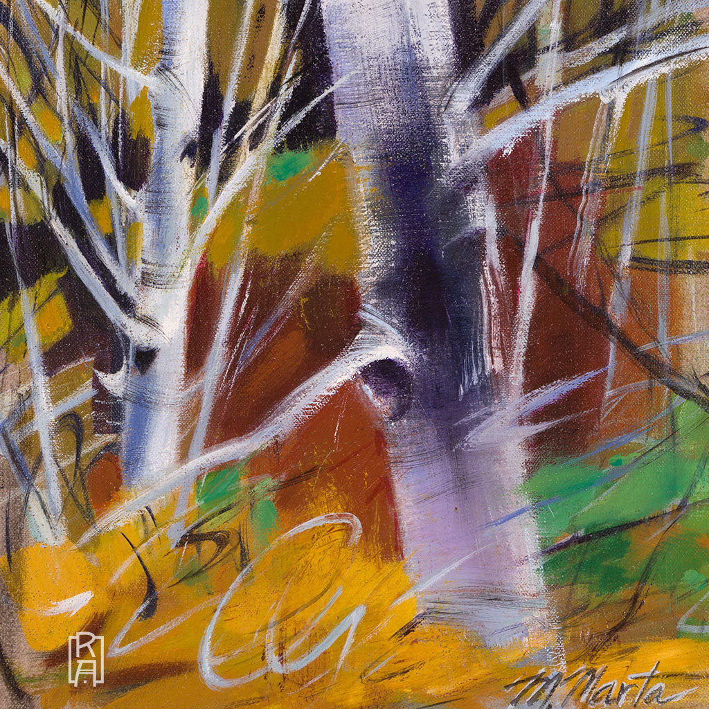 Winter Comet, abstract painting of aspen trees by Michelle Marta-Drake
